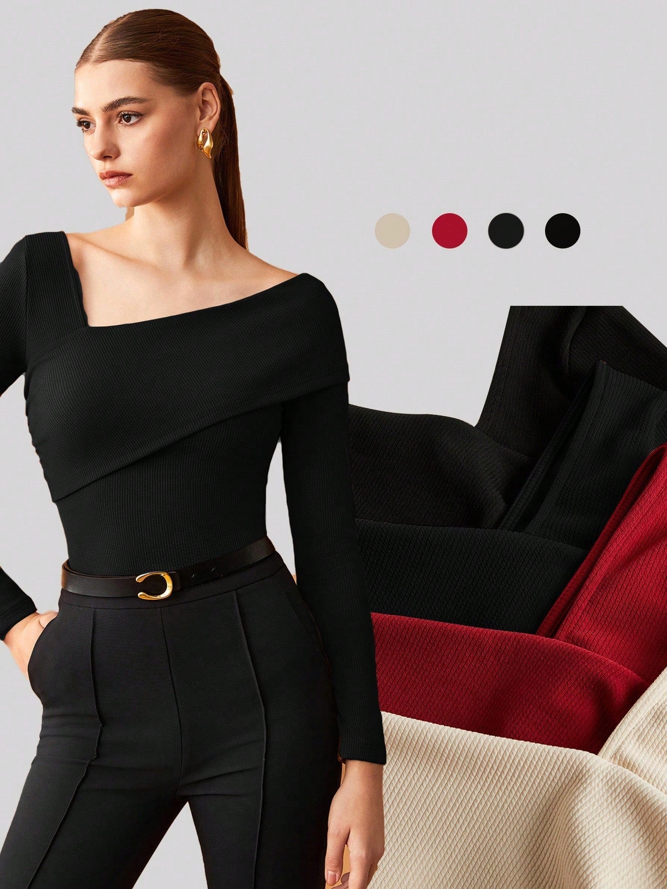 Elastic Ruched Asymmetric Neck Long Sleeve Elegant T-Shirt