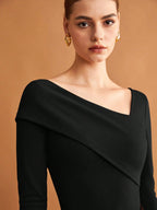 Elastic Ruched Asymmetric Neck Long Sleeve Elegant T-Shirt