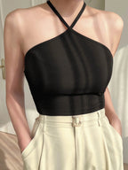 Solid Criss Cross Backless Halter Top