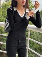 Casual Style Color Block Collar Slim Fit Tops, Long Sleeve Tops