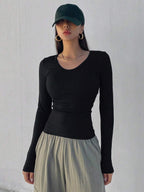 Solid Color Ribbed Slim Fit Long Sleeve T-Shirt