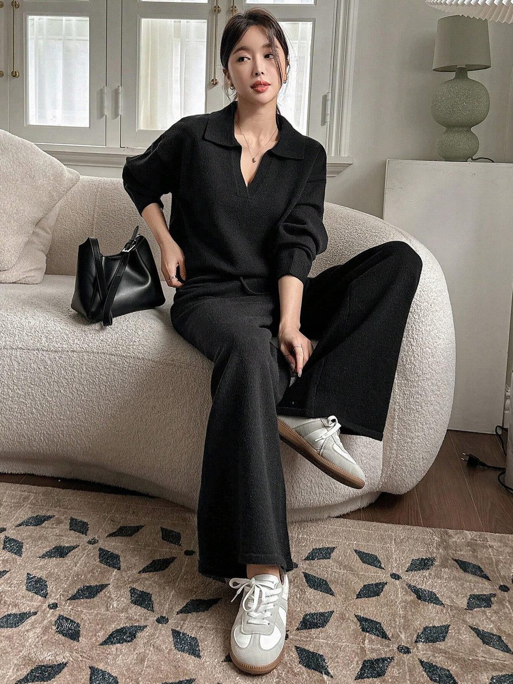 Casual Solid Color Turndown Collar Loose Sweater And Wide Leg Pants 2 Pieces Set