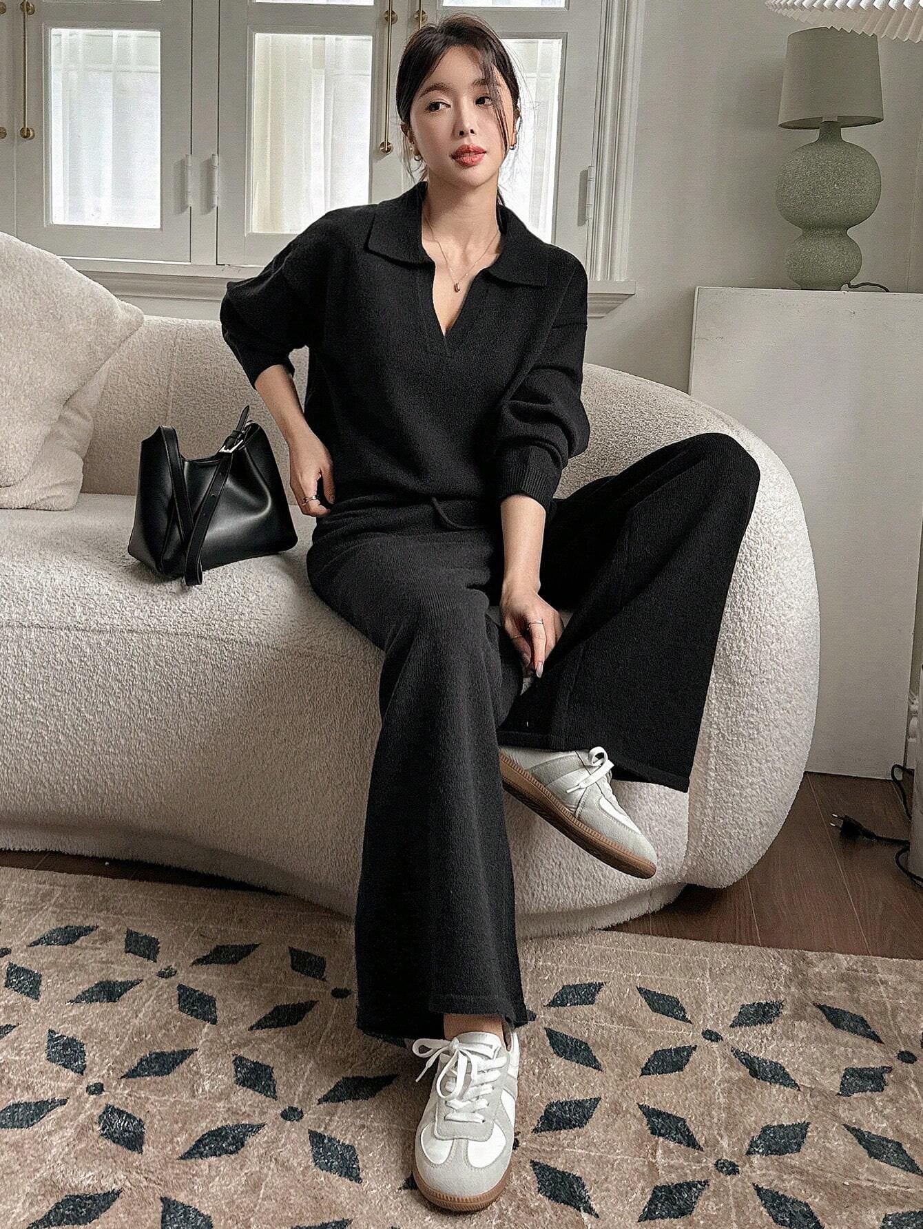 Casual Solid Color Turndown Collar Loose Sweater And Wide Leg Pants 2 Pieces Set