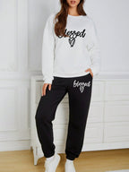 Two-Piece Fashion Warm Plus Fleece Round Neck Sweatshirt + Sports Sweatpants Simple Letter Print