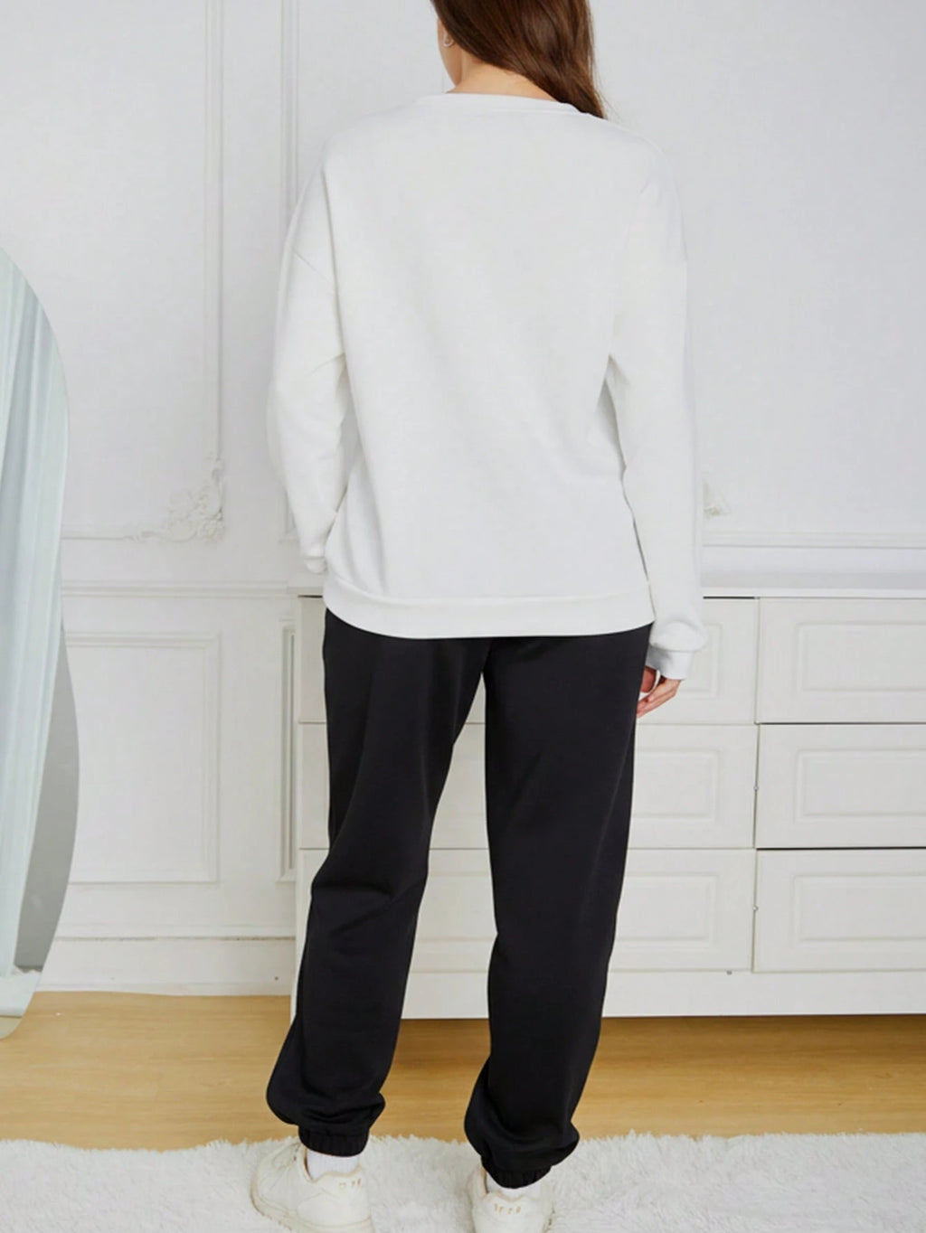 Two-Piece Fashion Warm Plus Fleece Round Neck Sweatshirt + Sports Sweatpants Simple Letter Print