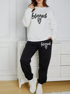 Two-Piece Fashion Warm Plus Fleece Round Neck Sweatshirt + Sports Sweatpants Simple Letter Print