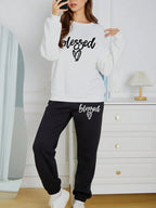 Two-Piece Fashion Warm Plus Fleece Round Neck Sweatshirt + Sports Sweatpants Simple Letter Print