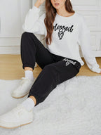 Two-Piece Fashion Warm Plus Fleece Round Neck Sweatshirt + Sports Sweatpants Simple Letter Print