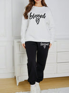 Two-Piece Fashion Warm Plus Fleece Round Neck Sweatshirt + Sports Sweatpants Simple Letter Print