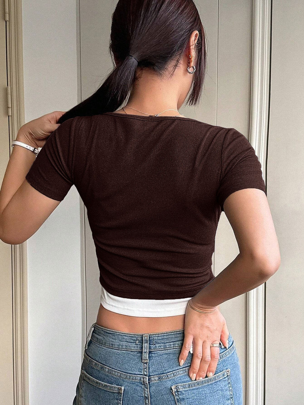 Color Block Fake Two Pieces Slim Fit Short Sleeve T-Shirt