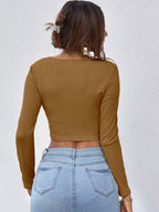 Neck Button Placket Rib-knit Tee