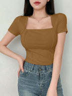 Women's Solid Color Swan Collar Short Sleeve T-Shirt