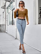Neck Button Placket Rib-knit Tee