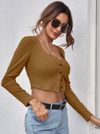 Neck Button Placket Rib-knit Tee