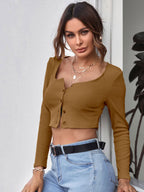 Neck Button Placket Rib-knit Tee