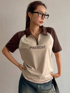 Printed Color Block Short Sleeve T-Shirt Summer, Crop Tops Women