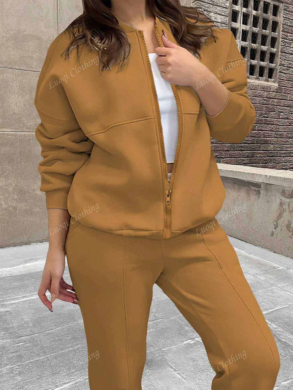 Solid Color Minimalist Hoodie Jacket Top And Straight Leg Pants, Fashion Outfit