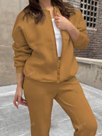 Solid Color Minimalist Hoodie Jacket Top And Straight Leg Pants, Fashion Outfit