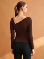 Elastic Ruched Asymmetric Neck Long Sleeve Elegant T-Shirt