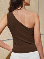 One Shoulder Ribbed Tank Top – Sleeveless Asymmetrical Slim Fit Summer Tee