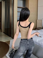 Slim Fit Stretch V-Neck Cropped Top with Contrast Trim