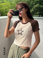 Star Print Raglan Sleeve Crop Tee