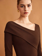 Elastic Ruched Asymmetric Neck Long Sleeve Elegant T-Shirt