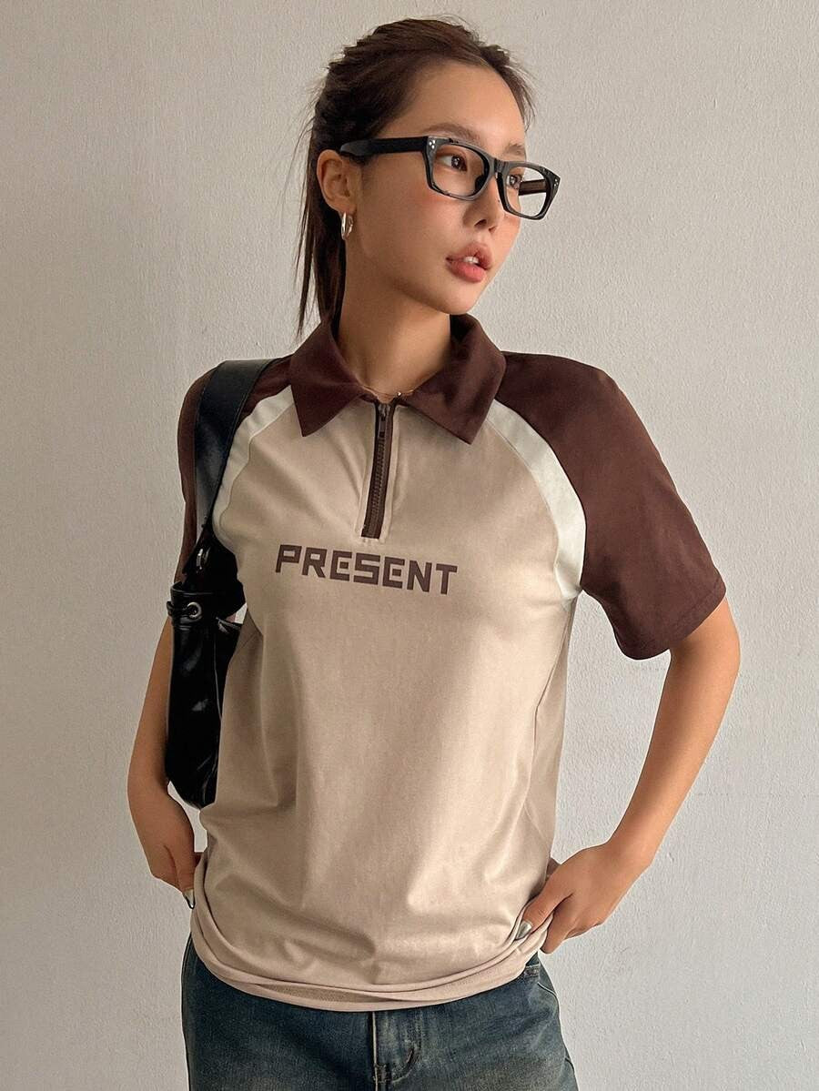 Printed Color Block Short Sleeve T-Shirt Summer, Crop Tops Women