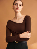 Elastic Ruched Asymmetric Neck Long Sleeve Elegant T-Shirt