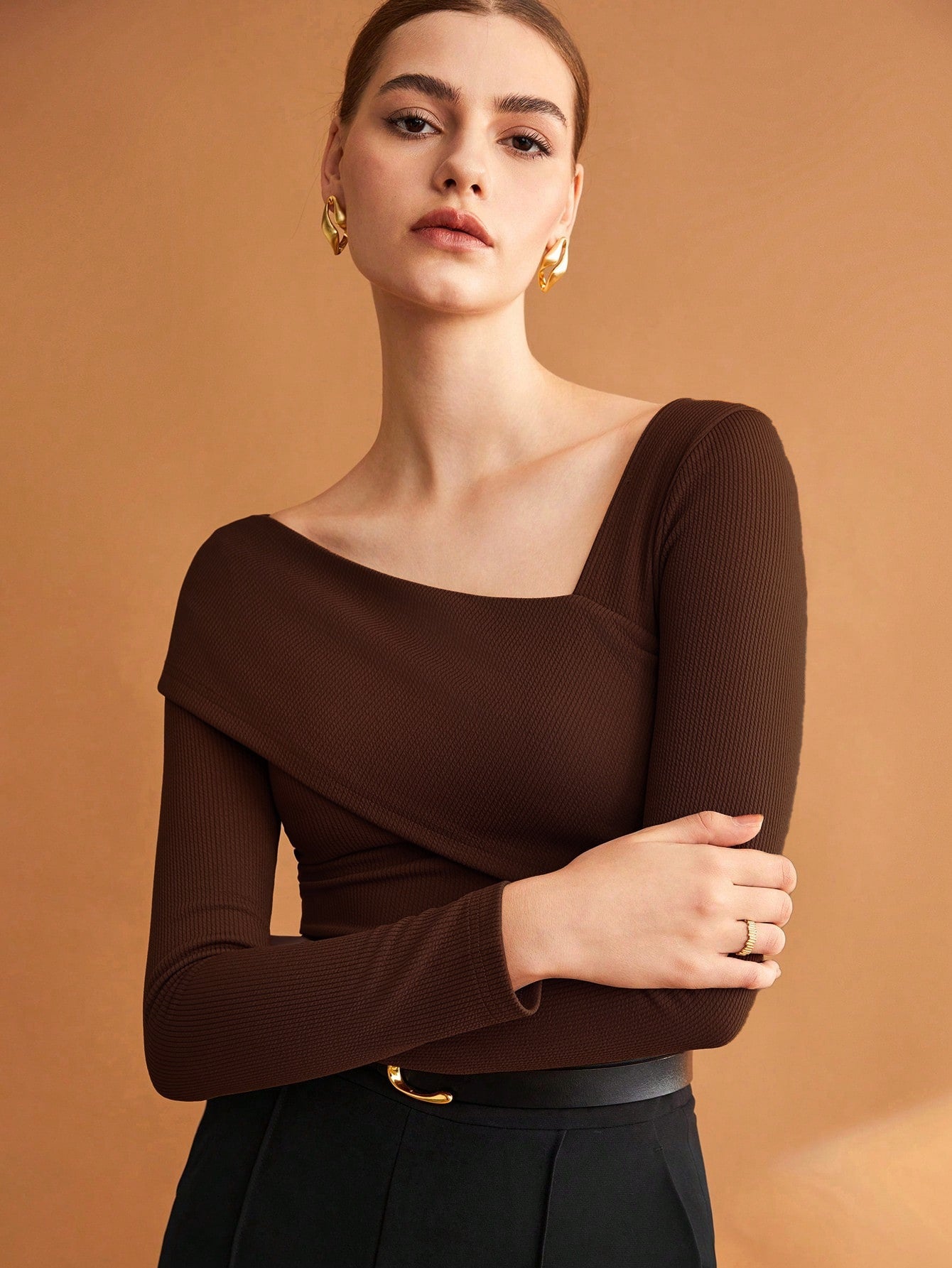 Elastic Ruched Asymmetric Neck Long Sleeve Elegant T-Shirt