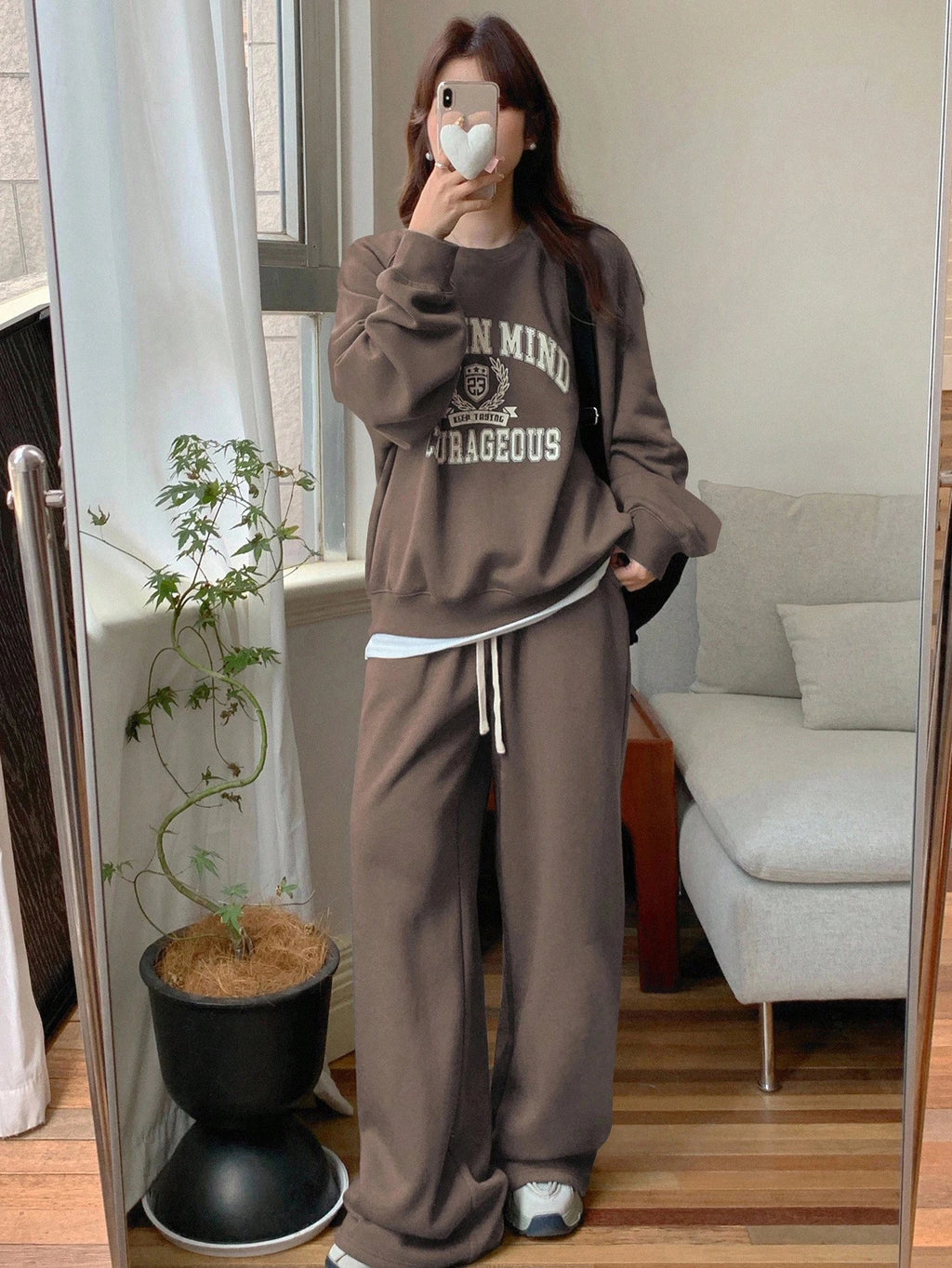 Casual Letter Printed Crew Neck Raglan Sleeve Sweatshirt And Sweatpants Set
