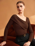 Elastic Ruched Asymmetric Neck Long Sleeve Elegant T-Shirt