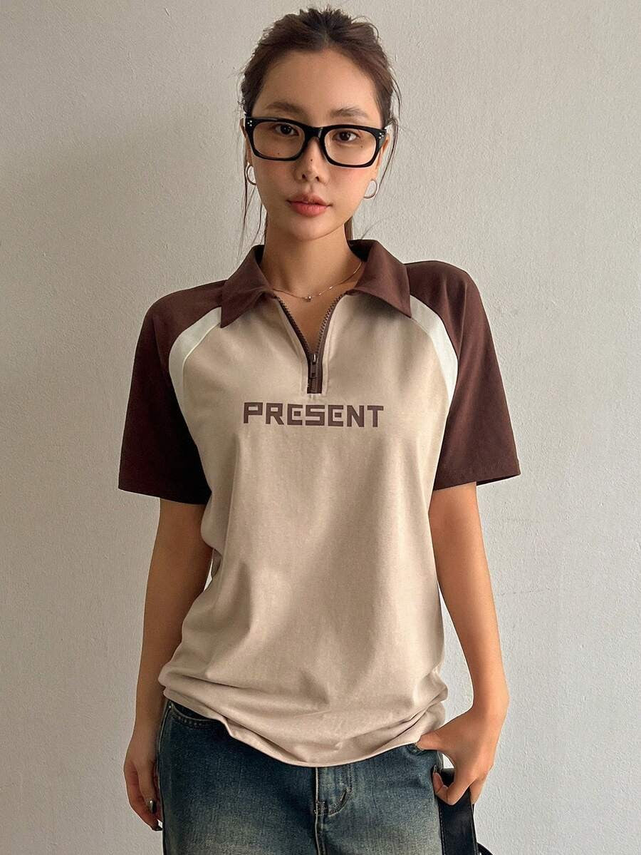 Printed Color Block Short Sleeve T-Shirt Summer, Crop Tops Women