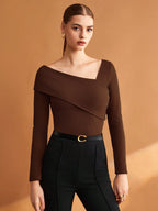 Elastic Ruched Asymmetric Neck Long Sleeve Elegant T-Shirt