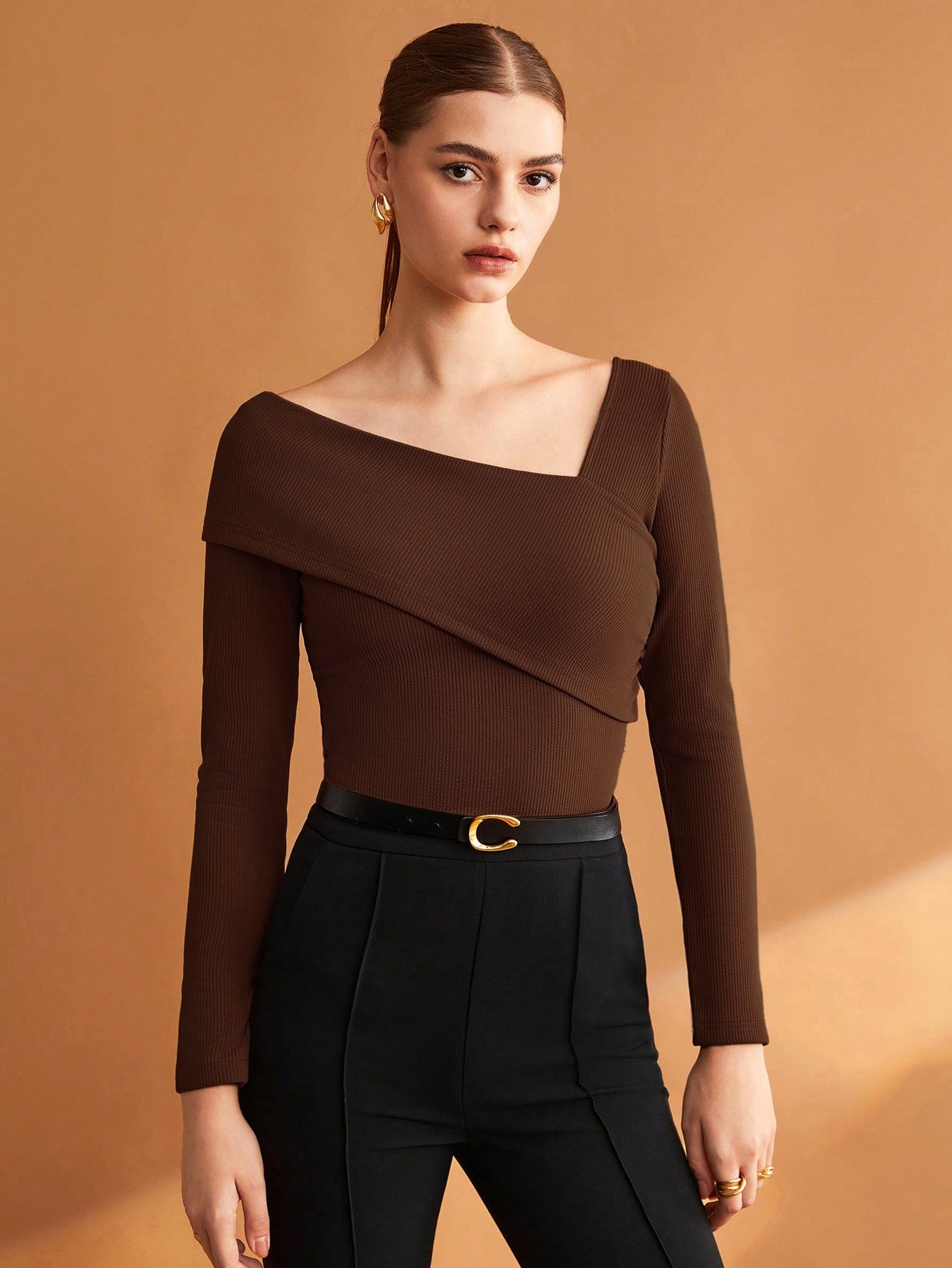 Elastic Ruched Asymmetric Neck Long Sleeve Elegant T-Shirt