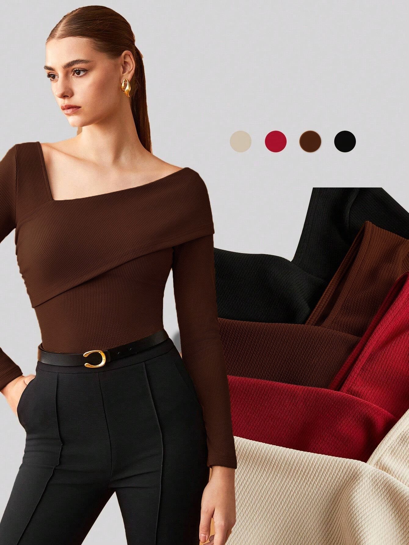 Elastic Ruched Asymmetric Neck Long Sleeve Elegant T-Shirt