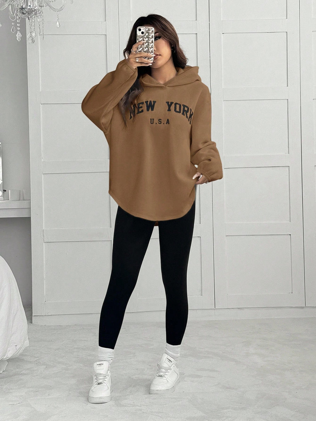 2pcs/Set Women Letter Embroidery Hoodie Sweatshirt And Leggings Outfit