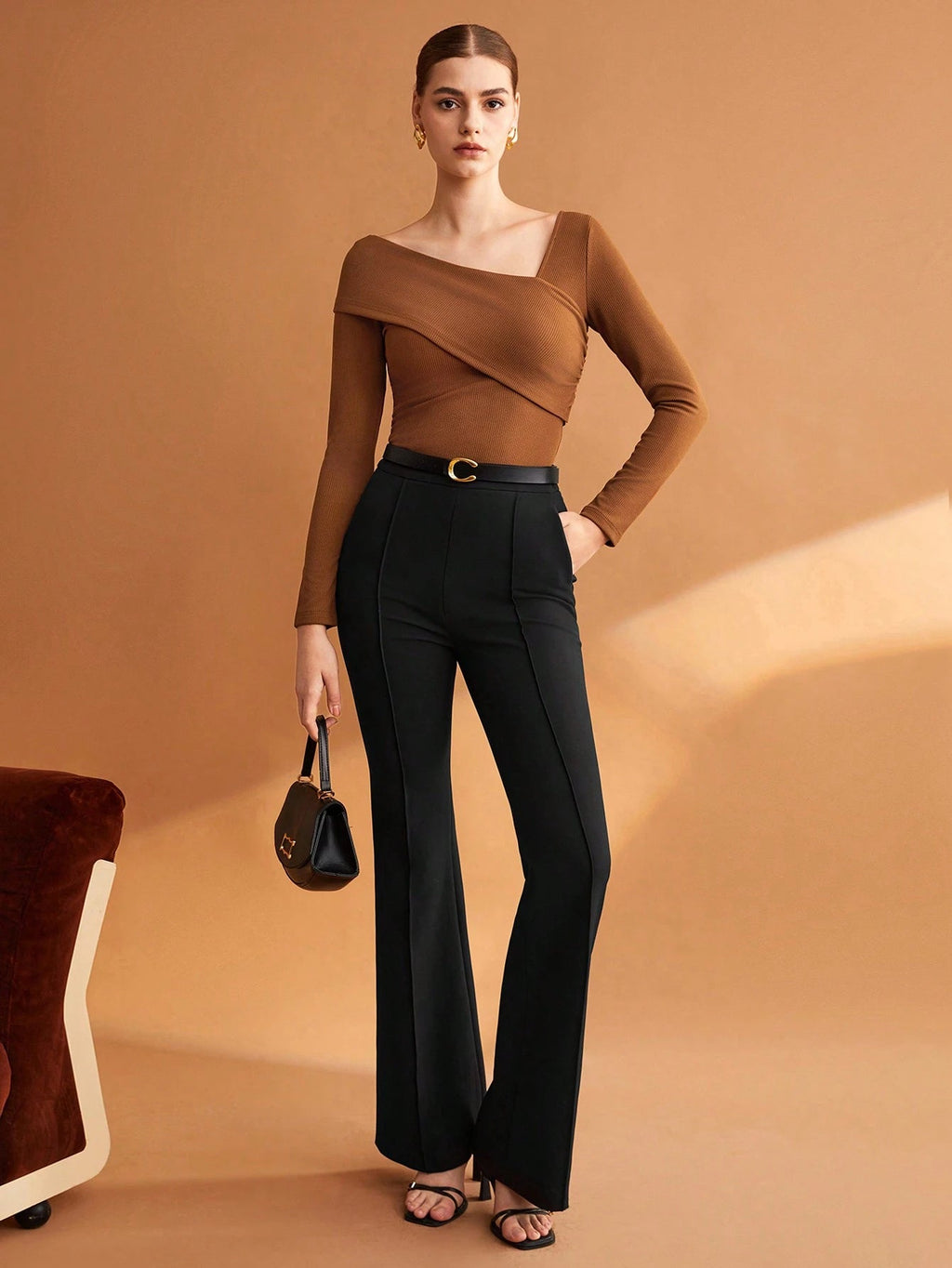 Elastic Ruched Asymmetric Neck Long Sleeve Elegant T-Shirt