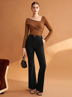 Elastic Ruched Asymmetric Neck Long Sleeve Elegant T-Shirt