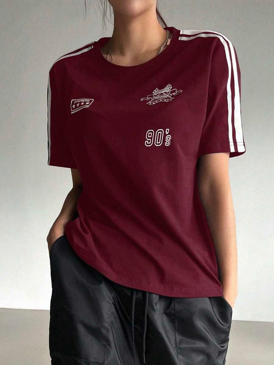 Motorcycle Style Print Colorblock Striped Detail Short Sleeve T-Shirt,Fall Clothes Preppy Tops