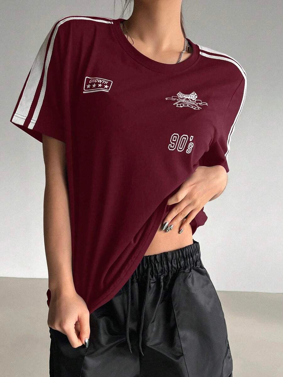 Motorcycle Style Print Colorblock Striped Detail Short Sleeve T-Shirt,Fall Clothes Preppy Tops