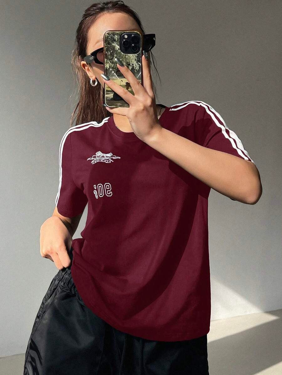 Motorcycle Style Print Colorblock Striped Detail Short Sleeve T-Shirt,Fall Clothes Preppy Tops