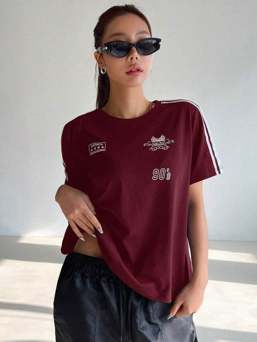 Motorcycle Style Print Colorblock Striped Detail Short Sleeve T-Shirt,Fall Clothes Preppy Tops