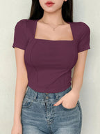 Women's Solid Color Swan Collar Short Sleeve T-Shirt