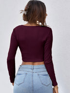 Neck Button Placket Rib-knit Tee