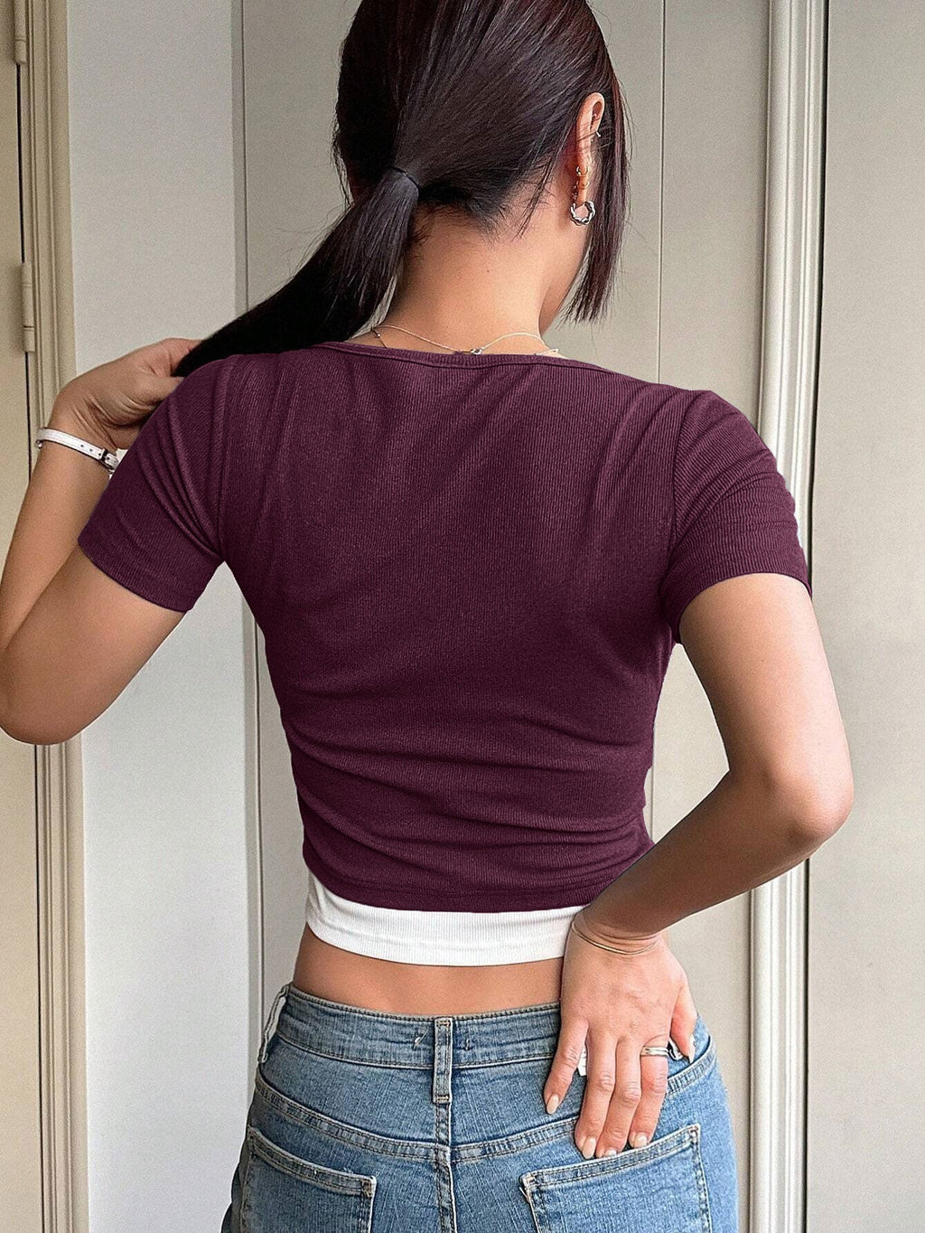 Color Block Fake Two Pieces Slim Fit Short Sleeve T-Shirt