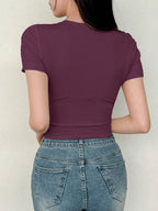 Women's Solid Color Swan Collar Short Sleeve T-Shirt