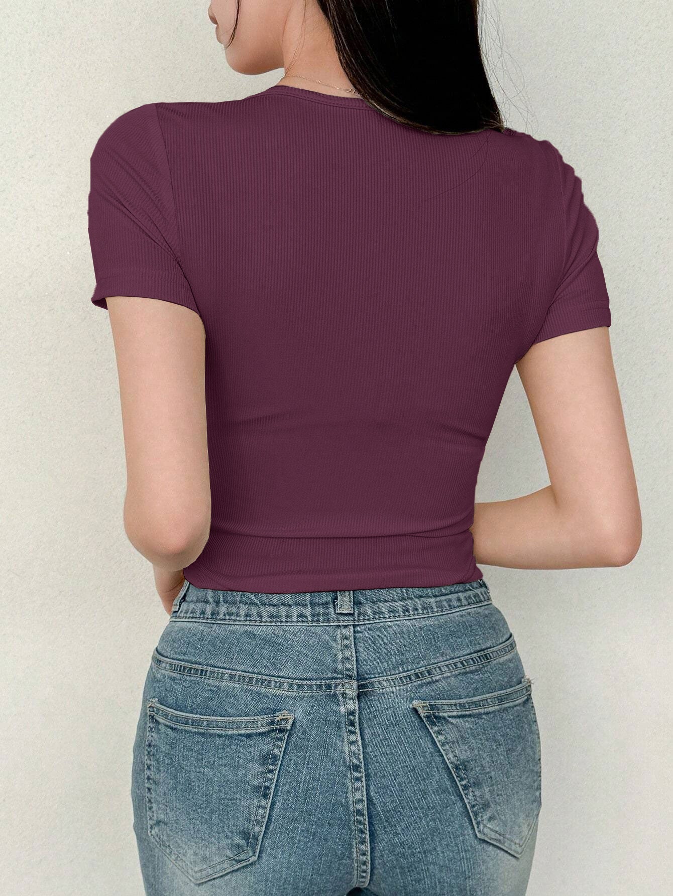 Women's Solid Color Swan Collar Short Sleeve T-Shirt