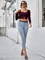Neck Button Placket Rib-knit Tee