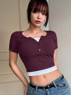 Color Block Fake Two Pieces Slim Fit Short Sleeve T-Shirt